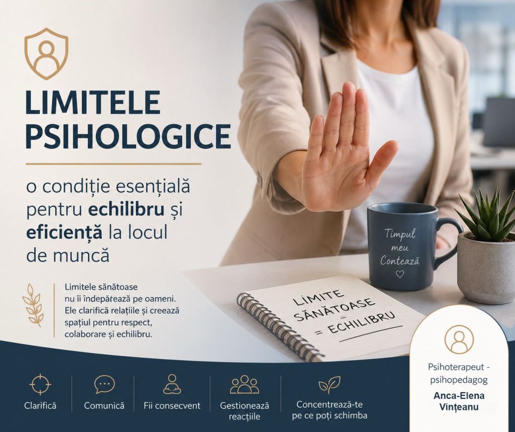 Când ai spus ultima dată „da”, deși voiai să spui „nu”?
Mulți oameni ajung la epuizare, anxietate sau conflicte repetate nu pentru că nu sunt suficient de buni, ci pentru că nu își cunosc sau nu își protejează limitele.
Am scris despre rolul limitelor psihologice în menținerea echilibrului și eficienței la locul de muncă, precum și despre pașii pe care i-am putea urma pentru a construi limite sănătoase care să ne aducă relații de muncă satisfăcătoare.